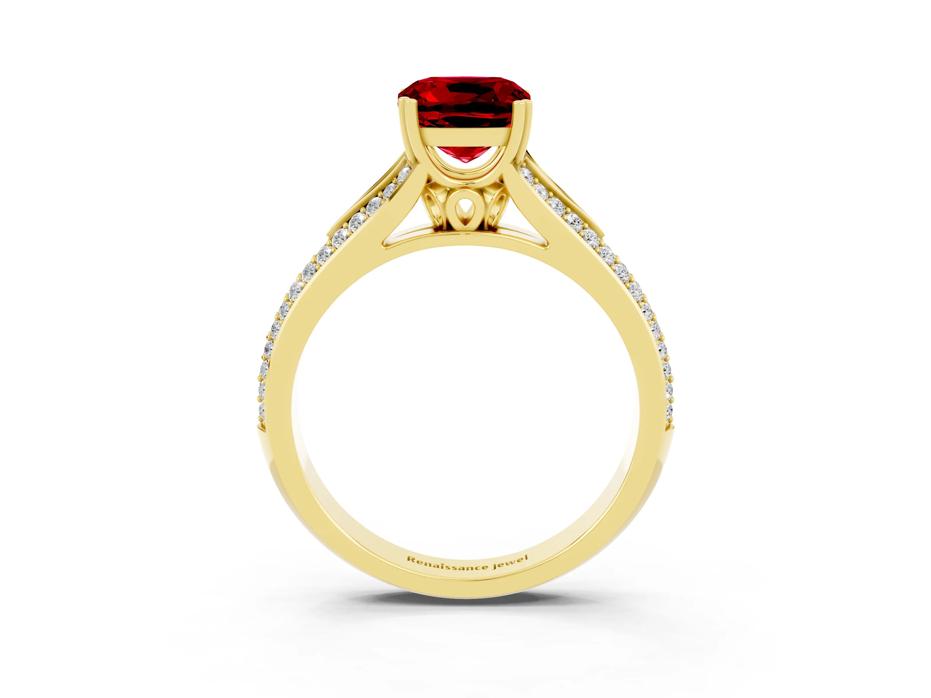 Yellow gold Cushion Cut Ruby Split Shank Engagement Ring with Pavé Band_3