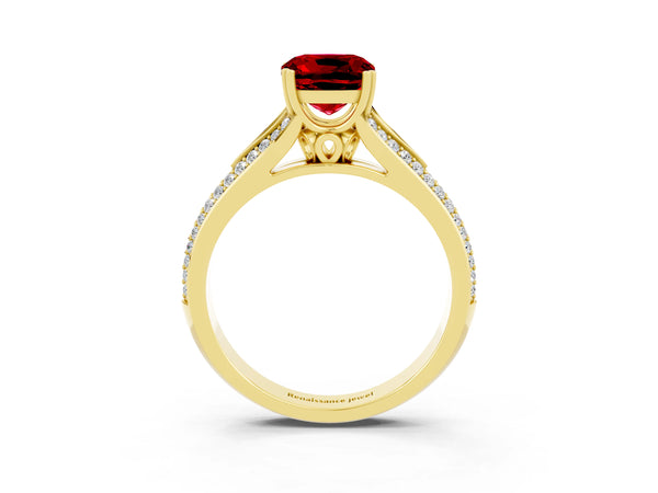 Yellow gold Cushion Cut Ruby Split Shank Engagement Ring with Pavé Band