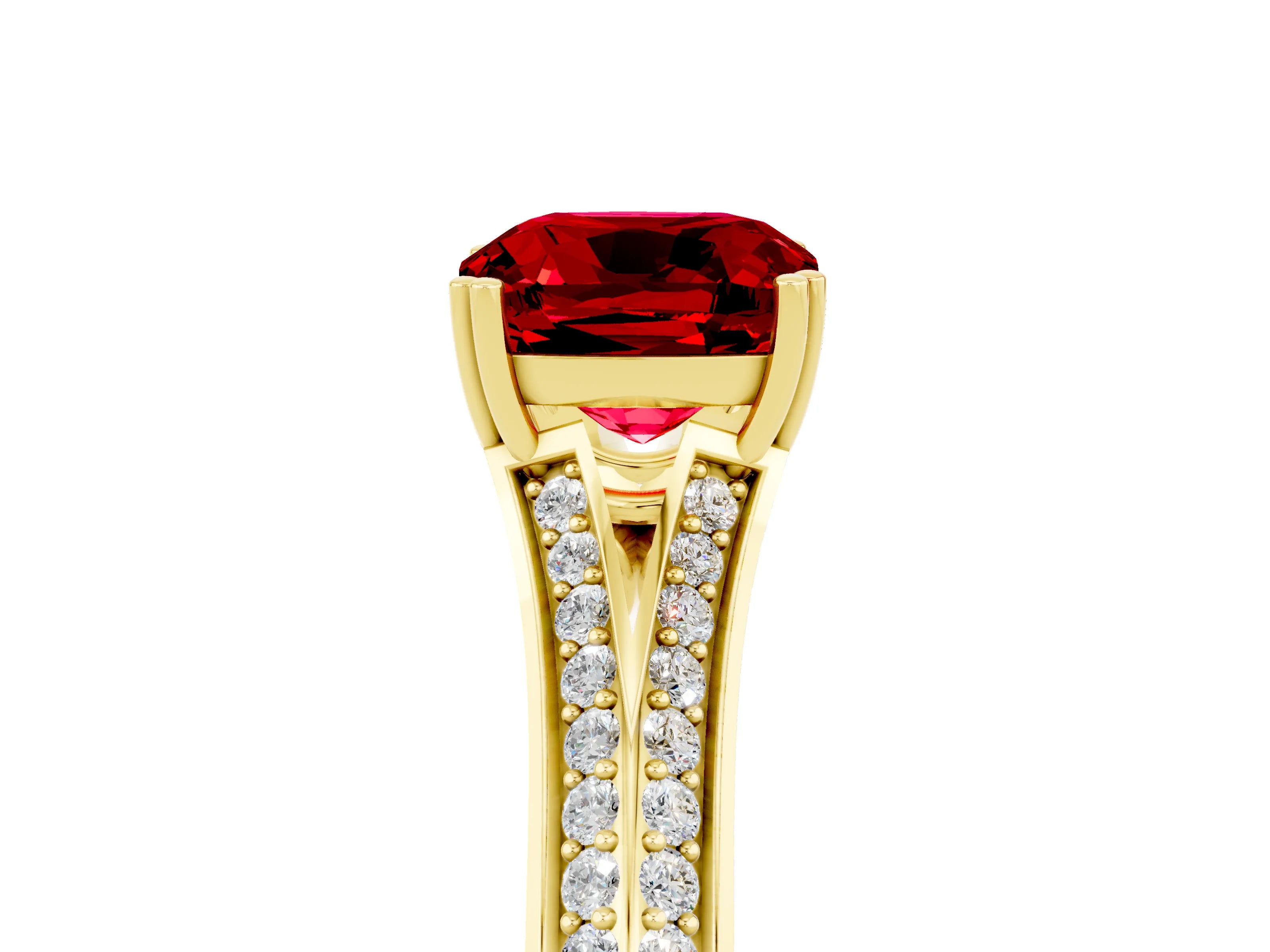 Yellow gold Cushion Cut Ruby Split Shank Engagement Ring with Pavé Band_5