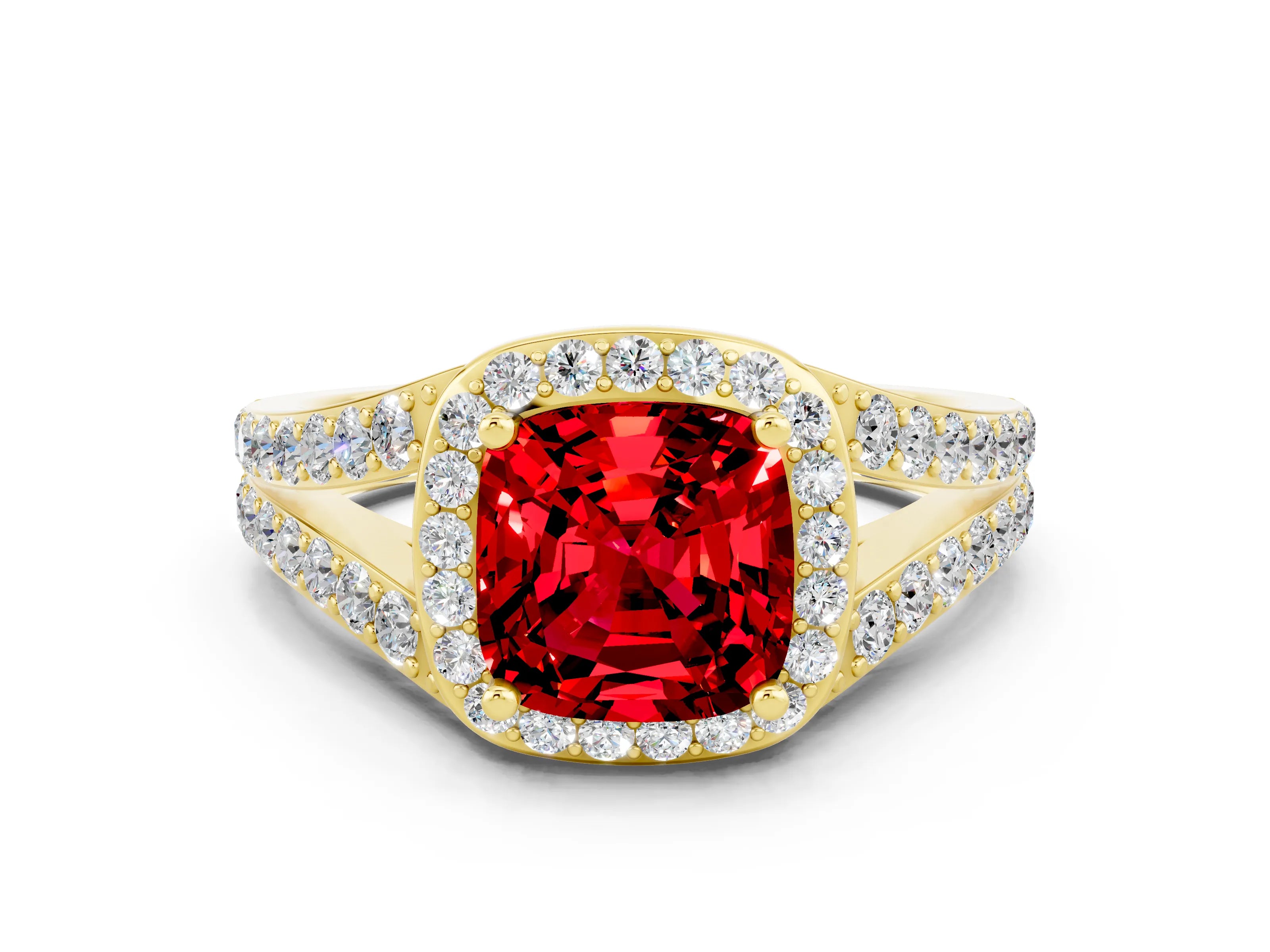 Yellow gold Cushion Cut Ruby Split Shank Halo Ring with Four-Prong Setting_12
