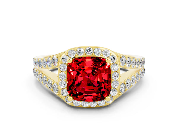Yellow gold Cushion Cut Ruby Split Shank Halo Ring with Four-Prong Setting