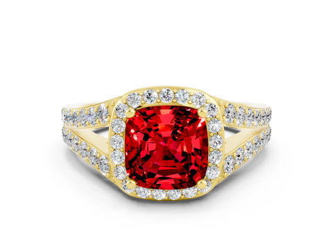 Yellow gold Cushion Cut Ruby Split Shank Halo Ring with Four-Prong Setting_12