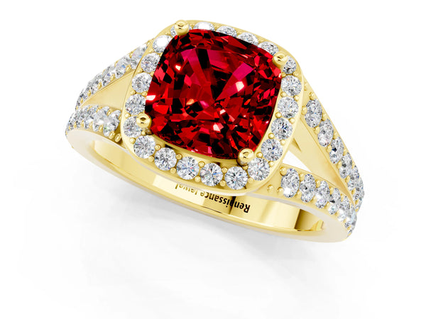 Yellow gold Cushion Cut Ruby Split Shank Halo Ring with Four-Prong Setting