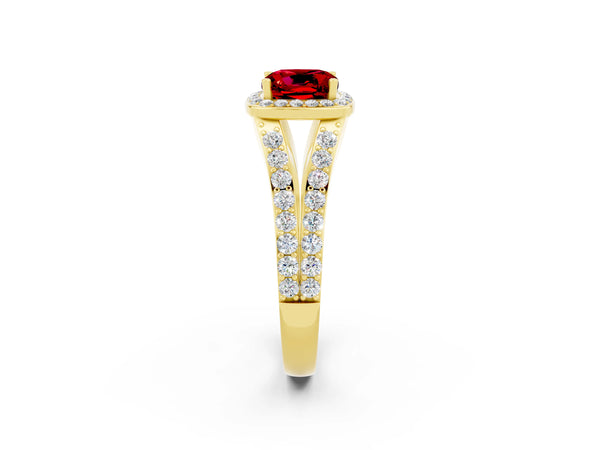 Yellow gold Cushion Cut Ruby Split Shank Halo Ring with Four-Prong Setting