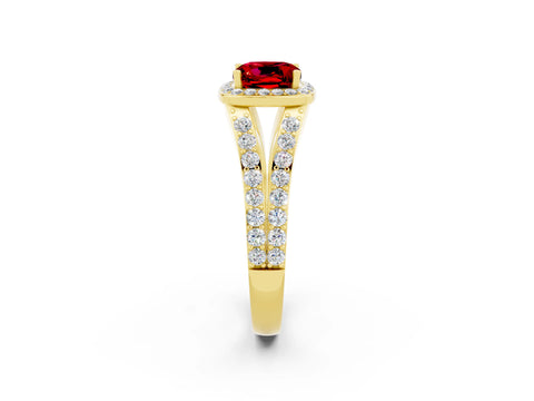 Yellow gold Cushion Cut Ruby Split Shank Halo Ring with Four-Prong Setting_14