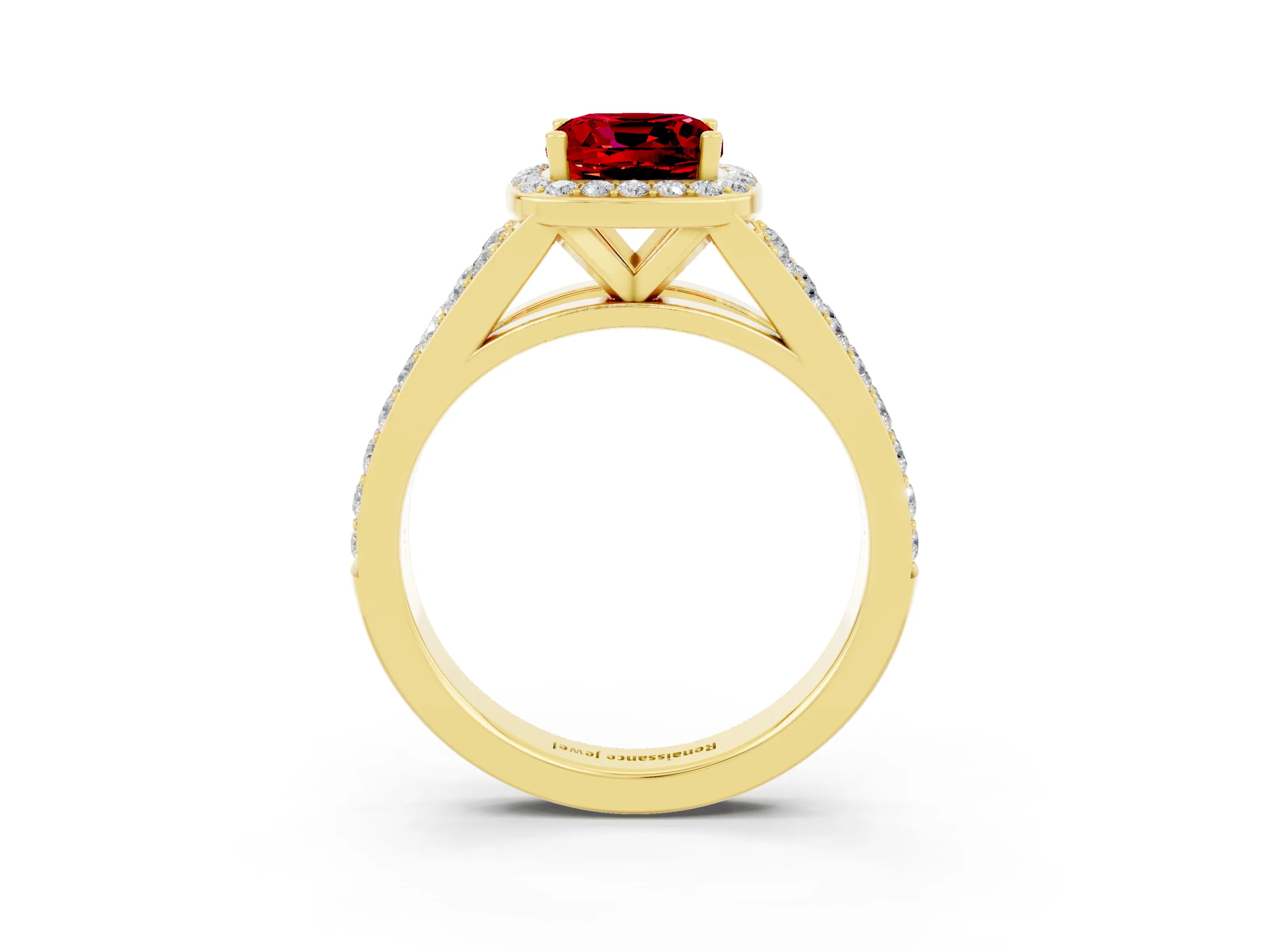 Yellow gold Cushion Cut Ruby Split Shank Halo Ring with Four-Prong Setting_15