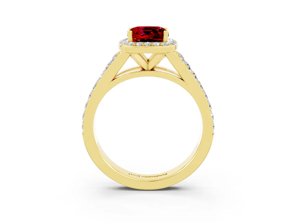 Yellow gold Cushion Cut Ruby Split Shank Halo Ring with Four-Prong Setting