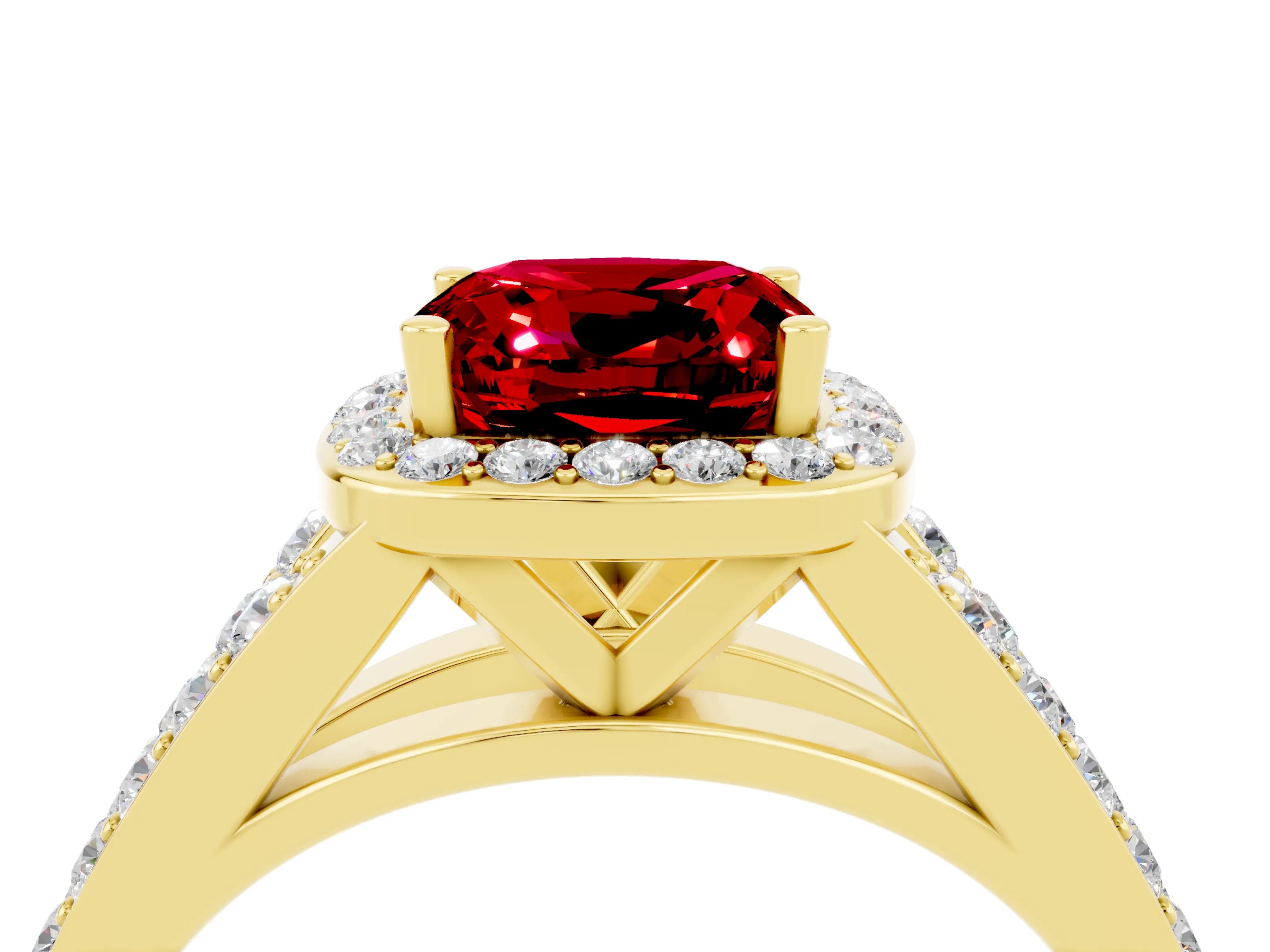 Yellow gold Cushion Cut Ruby Split Shank Halo Ring with Four-Prong Setting_16