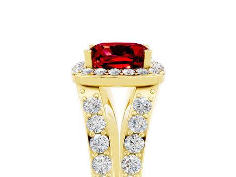 Yellow gold Cushion Cut Ruby Split Shank Halo Ring with Four-Prong Setting_17