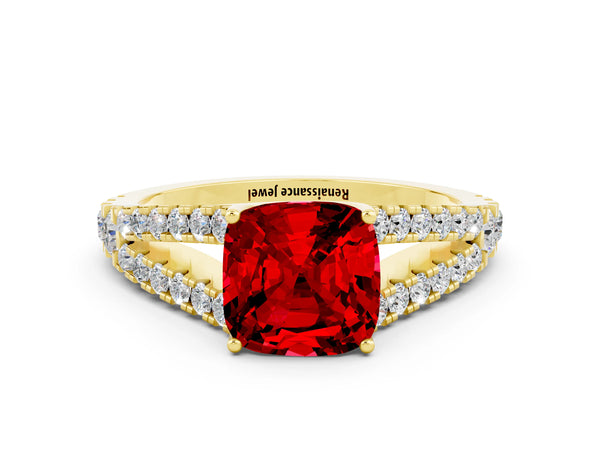 Yellow gold Cushion Cut Ruby Split Shank Pavé Engagement Ring with Four-Prong Setting