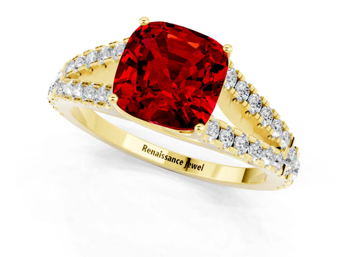 Yellow gold Cushion Cut Ruby Split Shank Pavé Engagement Ring with Four-Prong Setting_13
