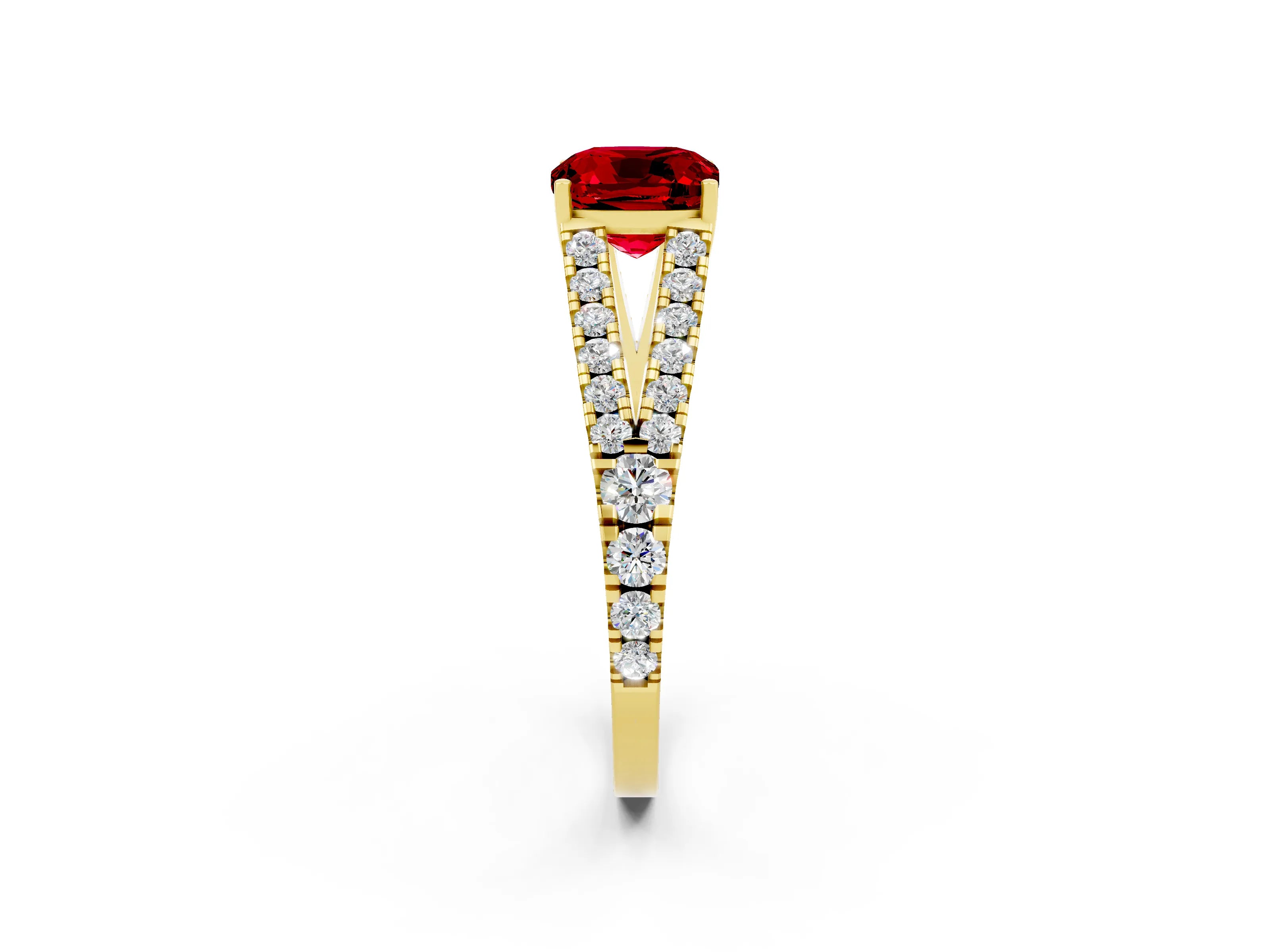 Yellow gold Cushion Cut Ruby Split Shank Pavé Engagement Ring with Four-Prong Setting_14
