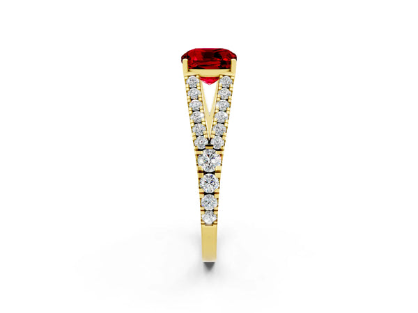 Yellow gold Cushion Cut Ruby Split Shank Pavé Engagement Ring with Four-Prong Setting