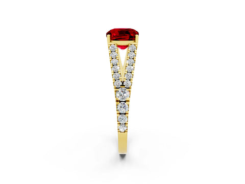 Yellow gold Cushion Cut Ruby Split Shank Pavé Engagement Ring with Four-Prong Setting_14