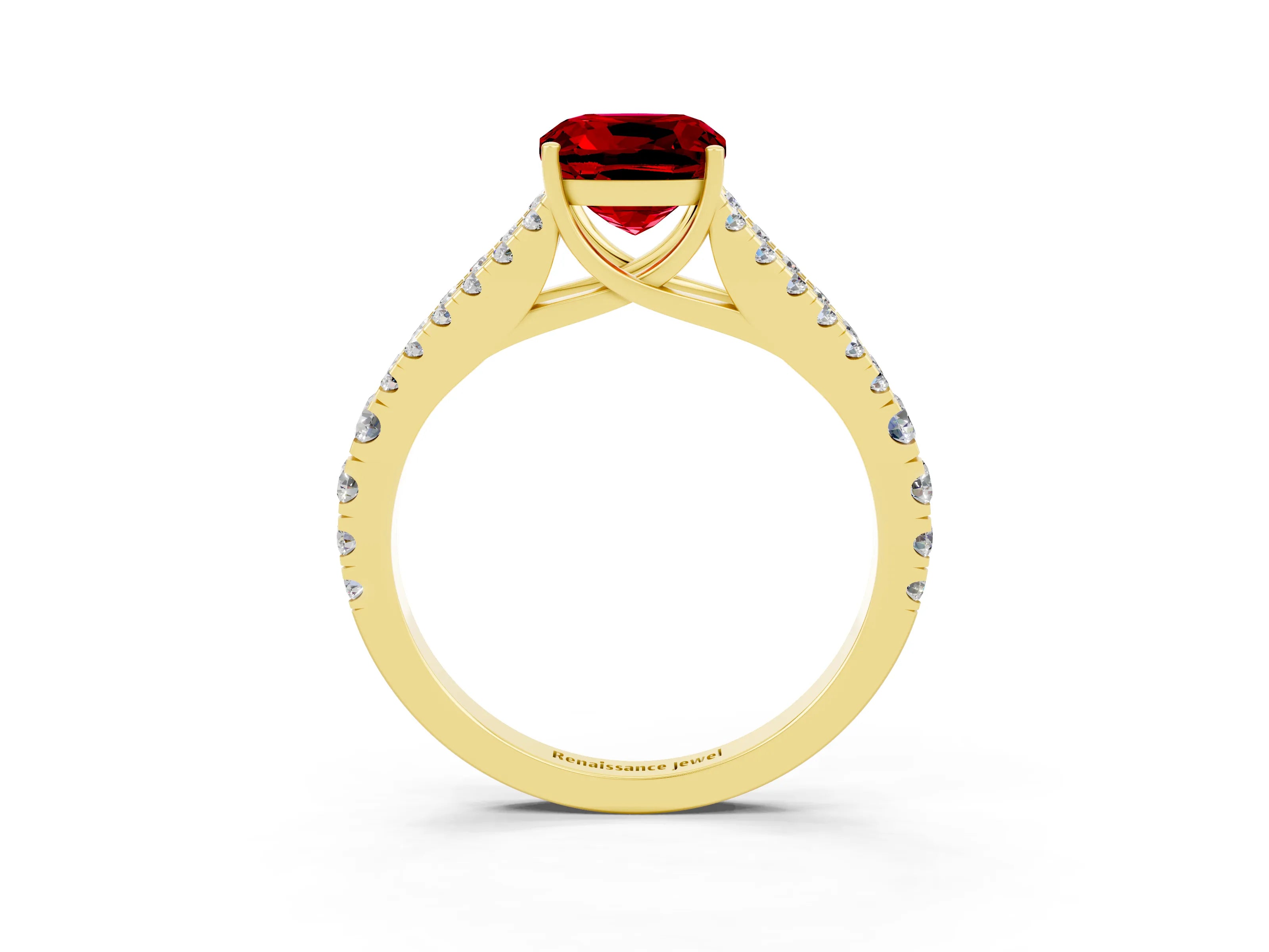 Yellow gold Cushion Cut Ruby Split Shank Pavé Engagement Ring with Four-Prong Setting_15