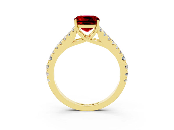 Yellow gold Cushion Cut Ruby Split Shank Pavé Engagement Ring with Four-Prong Setting