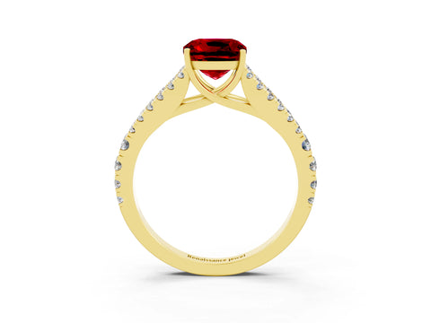 Yellow gold Cushion Cut Ruby Split Shank Pavé Engagement Ring with Four-Prong Setting_15