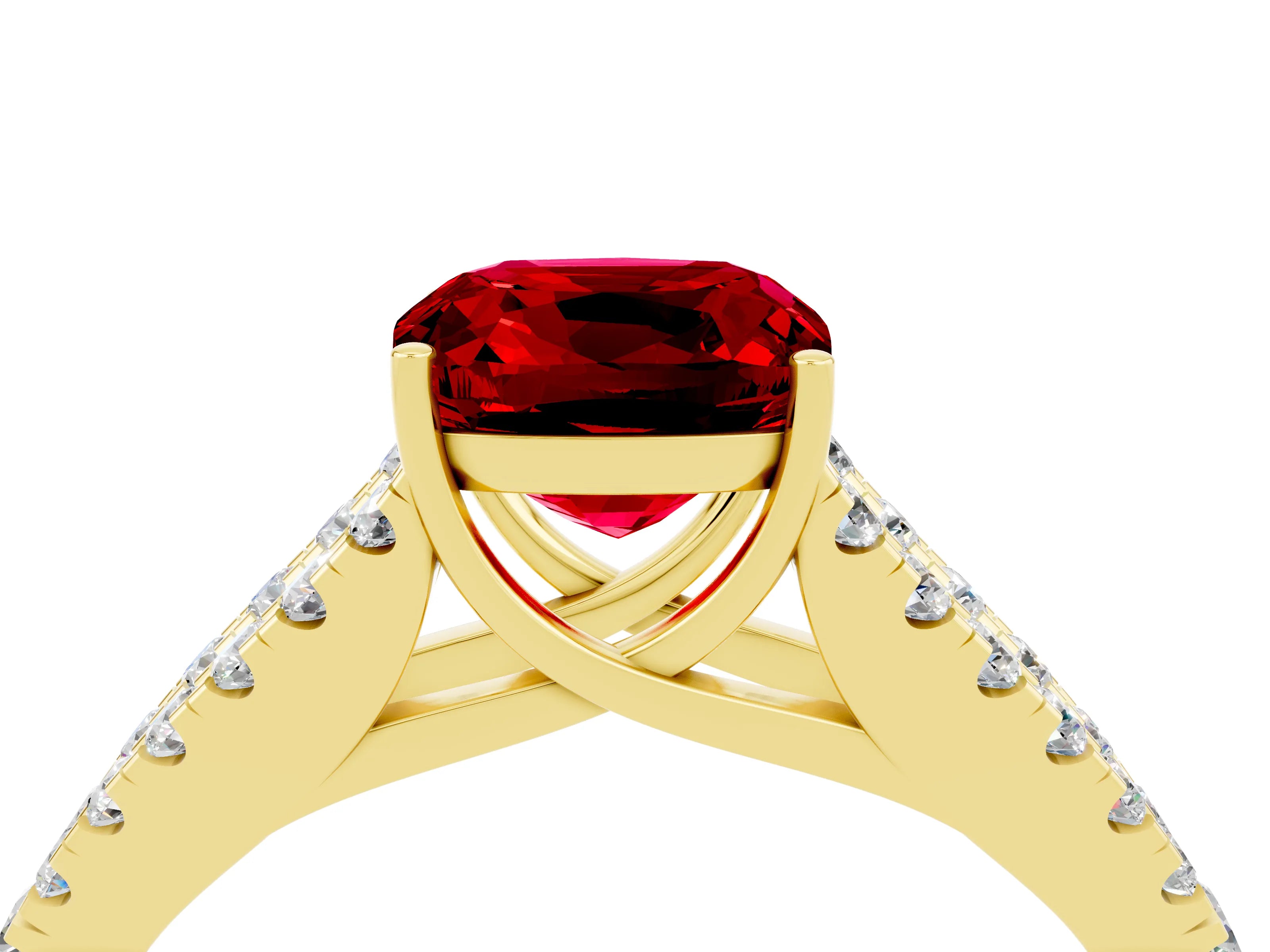 Yellow gold Cushion Cut Ruby Split Shank Pavé Engagement Ring with Four-Prong Setting_16