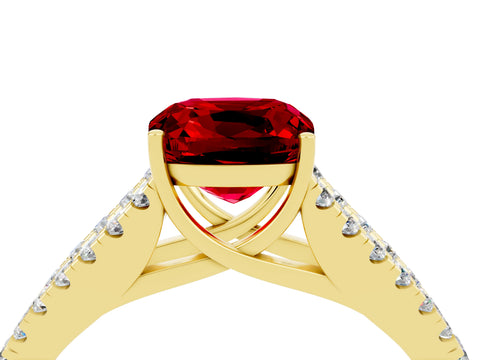 Yellow gold Cushion Cut Ruby Split Shank Pavé Engagement Ring with Four-Prong Setting_16