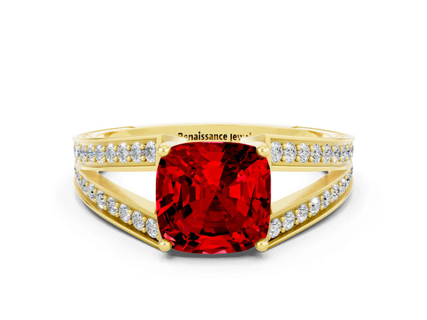 Yellow gold Cushion Cut Ruby Split Shank Ring with Pavé Band and Four-Prong Setting