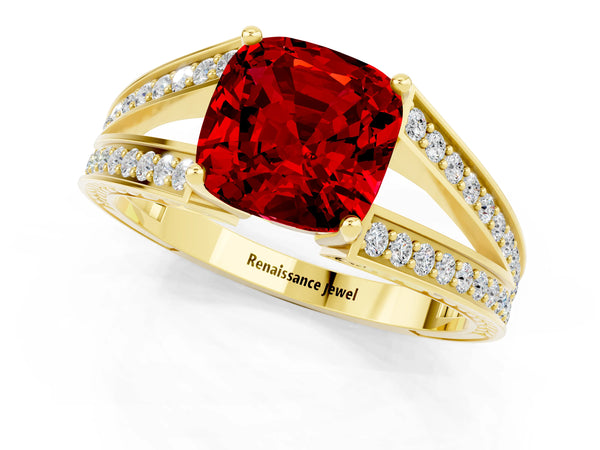 Yellow gold Cushion Cut Ruby Split Shank Ring with Pavé Band and Four-Prong Setting