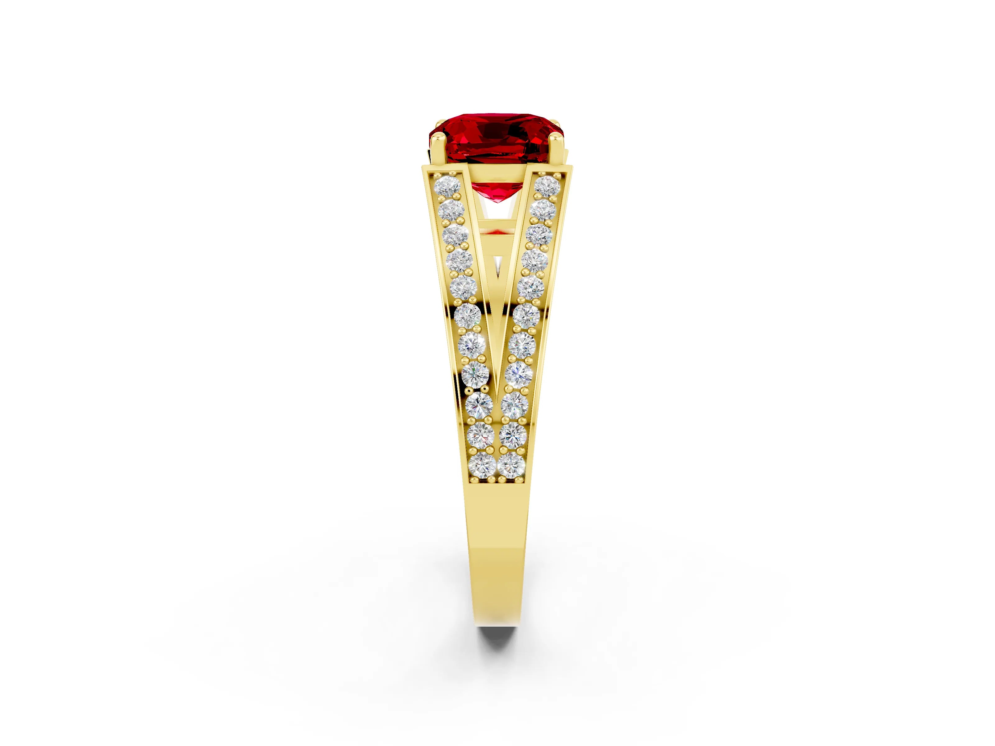 Yellow gold Cushion Cut Ruby Split Shank Ring with Pavé Band and Four-Prong Setting_2