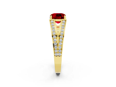 Yellow gold Cushion Cut Ruby Split Shank Ring with Pavé Band and Four-Prong Setting_2