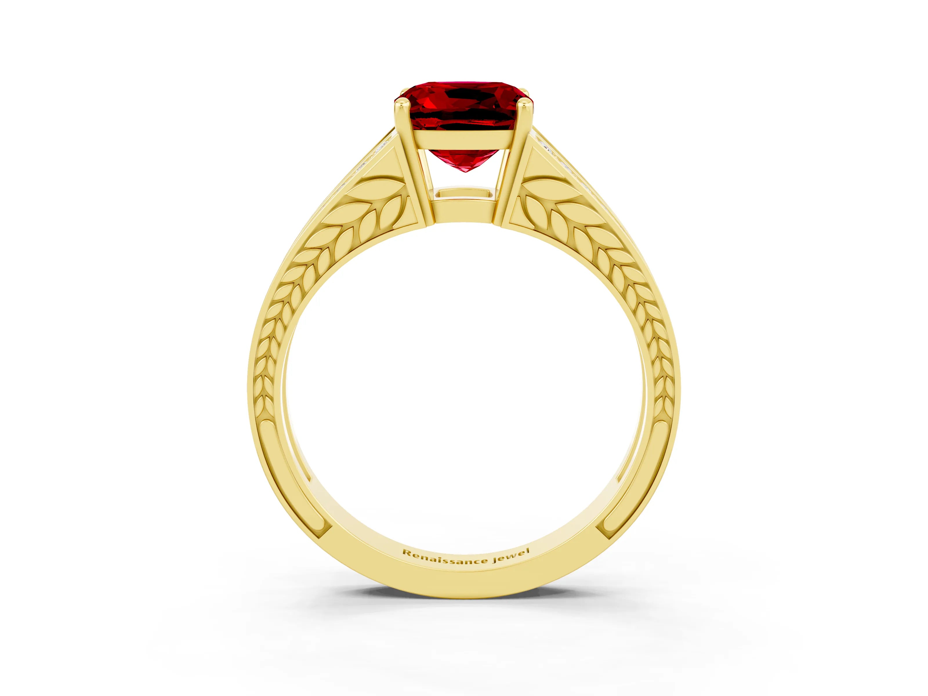 Yellow gold Cushion Cut Ruby Split Shank Ring with Pavé Band and Four-Prong Setting_3