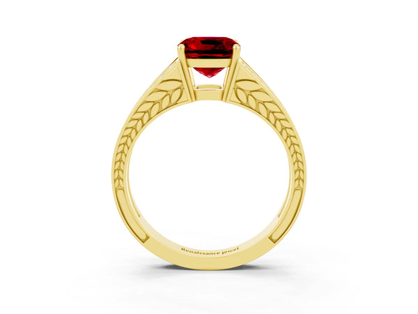 Yellow gold Cushion Cut Ruby Split Shank Ring with Pavé Band and Four-Prong Setting