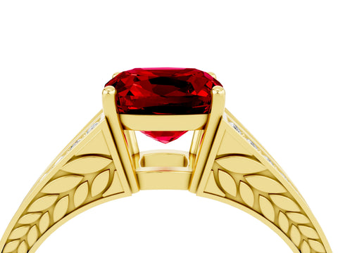 Yellow gold Cushion Cut Ruby Split Shank Ring with Pavé Band and Four-Prong Setting_4
