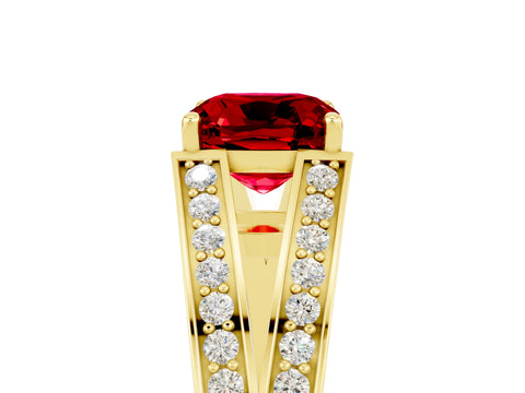 Yellow gold Cushion Cut Ruby Split Shank Ring with Pavé Band and Four-Prong Setting_5