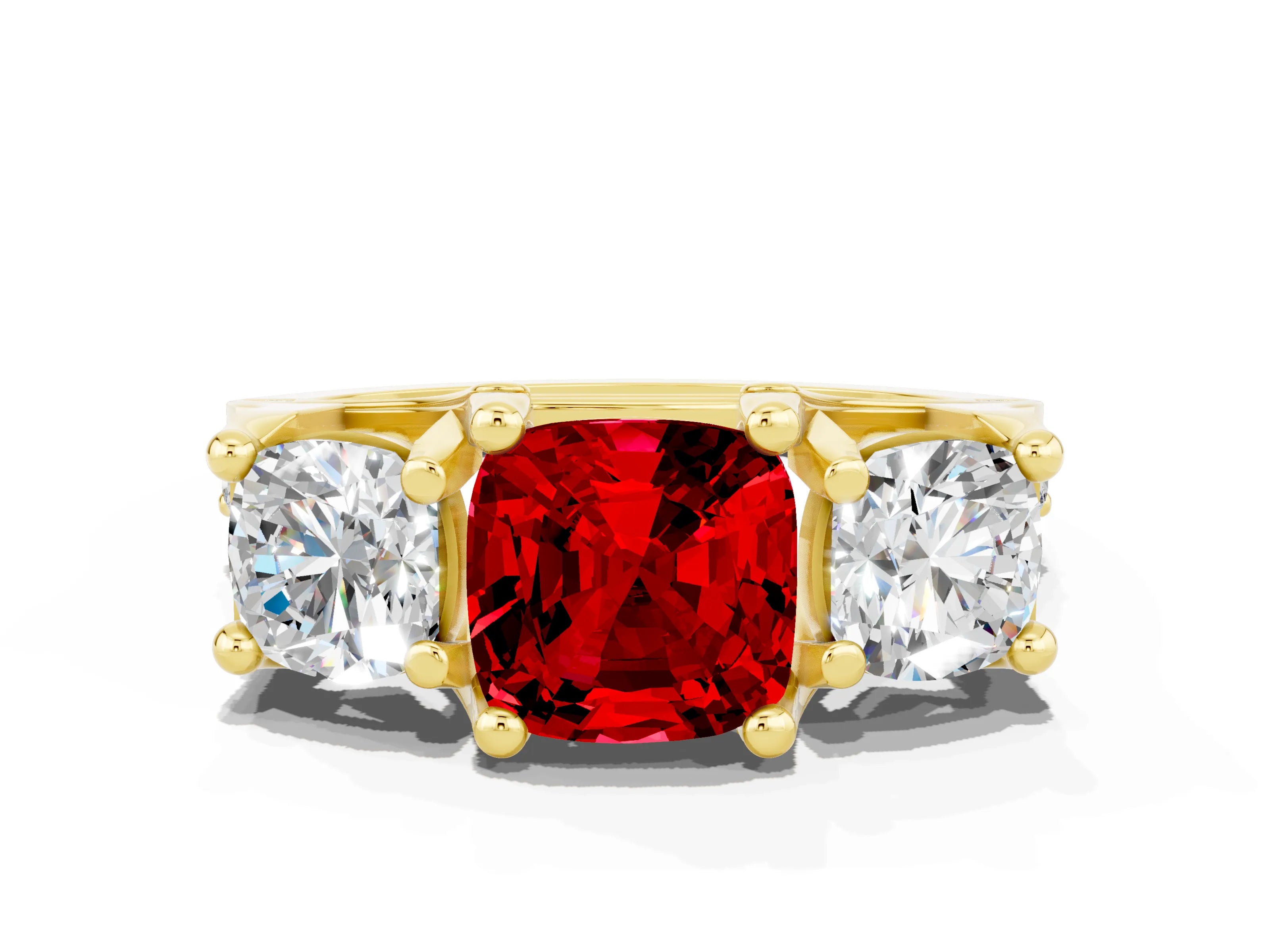 Yellow gold Cushion Cut Ruby Three-Stone Ring with Channel Set Band and Four-Prong Setting