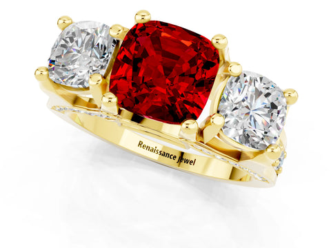 Yellow gold Cushion Cut Ruby Three-Stone Ring with Channel Set Band and Four-Prong Setting_1