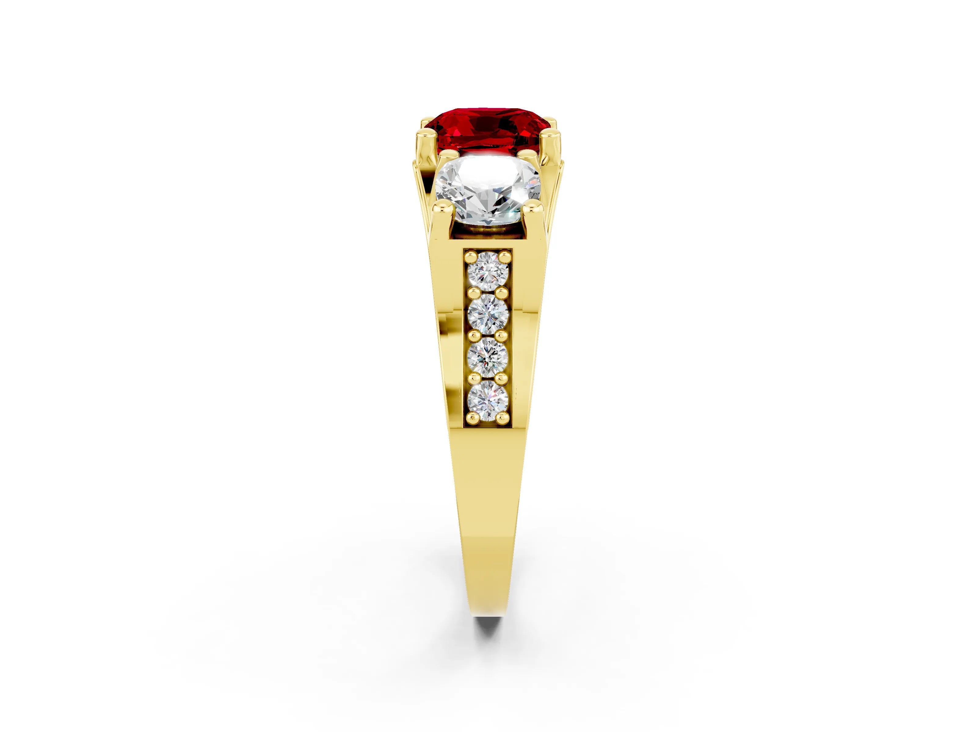 Yellow gold Cushion Cut Ruby Three-Stone Ring with Channel Set Band and Four-Prong Setting_2