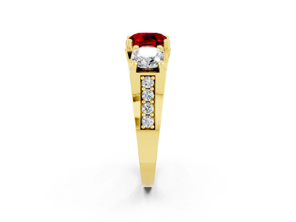 Yellow gold Cushion Cut Ruby Three-Stone Ring with Channel Set Band and Four-Prong Setting