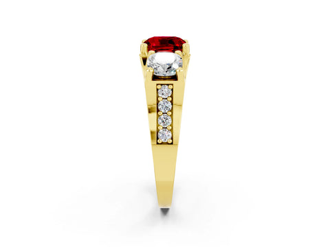 Yellow gold Cushion Cut Ruby Three-Stone Ring with Channel Set Band and Four-Prong Setting_2