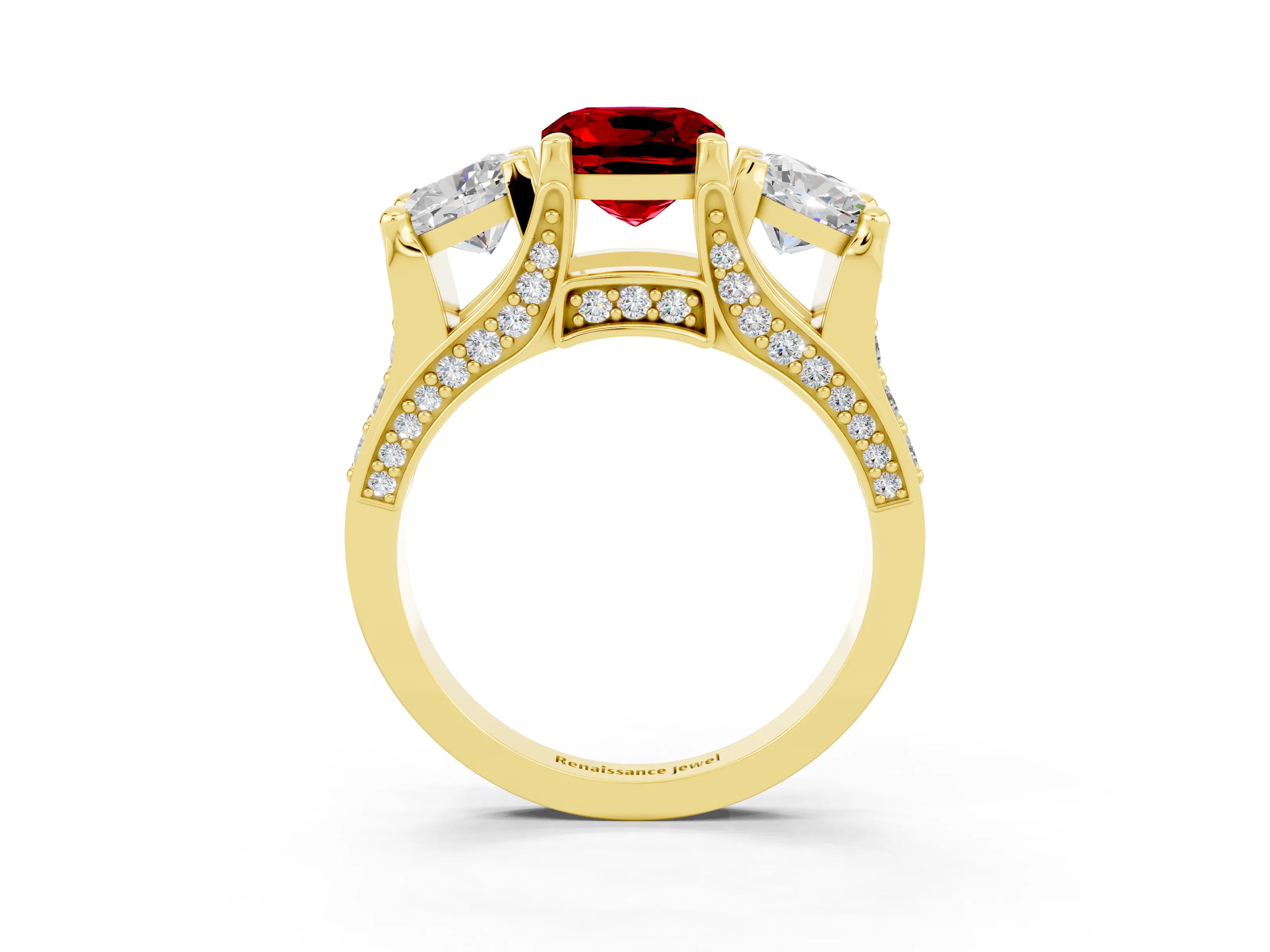 Yellow gold Cushion Cut Ruby Three-Stone Ring with Channel Set Band and Four-Prong Setting_3