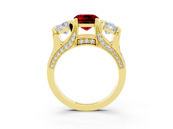 Yellow gold Cushion Cut Ruby Three-Stone Ring with Channel Set Band and Four-Prong Setting