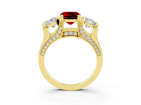 Yellow gold Cushion Cut Ruby Three-Stone Ring with Channel Set Band and Four-Prong Setting_3