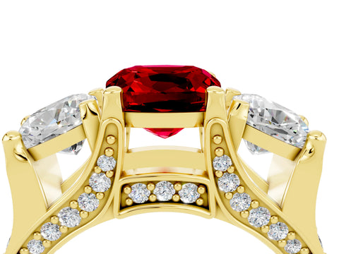 Yellow gold Cushion Cut Ruby Three-Stone Ring with Channel Set Band and Four-Prong Setting_4