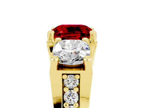 Yellow gold Cushion Cut Ruby Three-Stone Ring with Channel Set Band and Four-Prong Setting_5