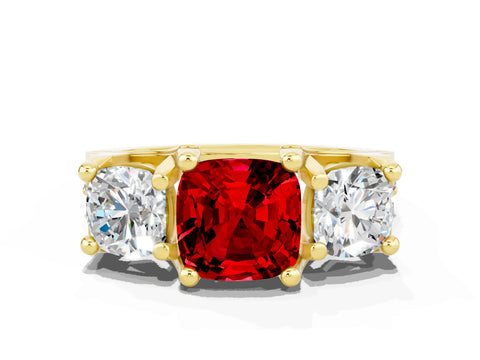 Yellow gold Cushion Cut Ruby Three-Stone Ring with Channel Set Band and Four-Prong Setting