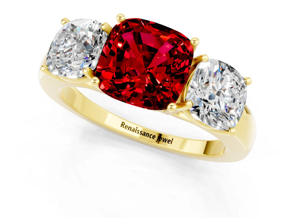 Yellow gold Cushion Cut Ruby Three-Stone Ring with Four-Prong Setting and Classic Band