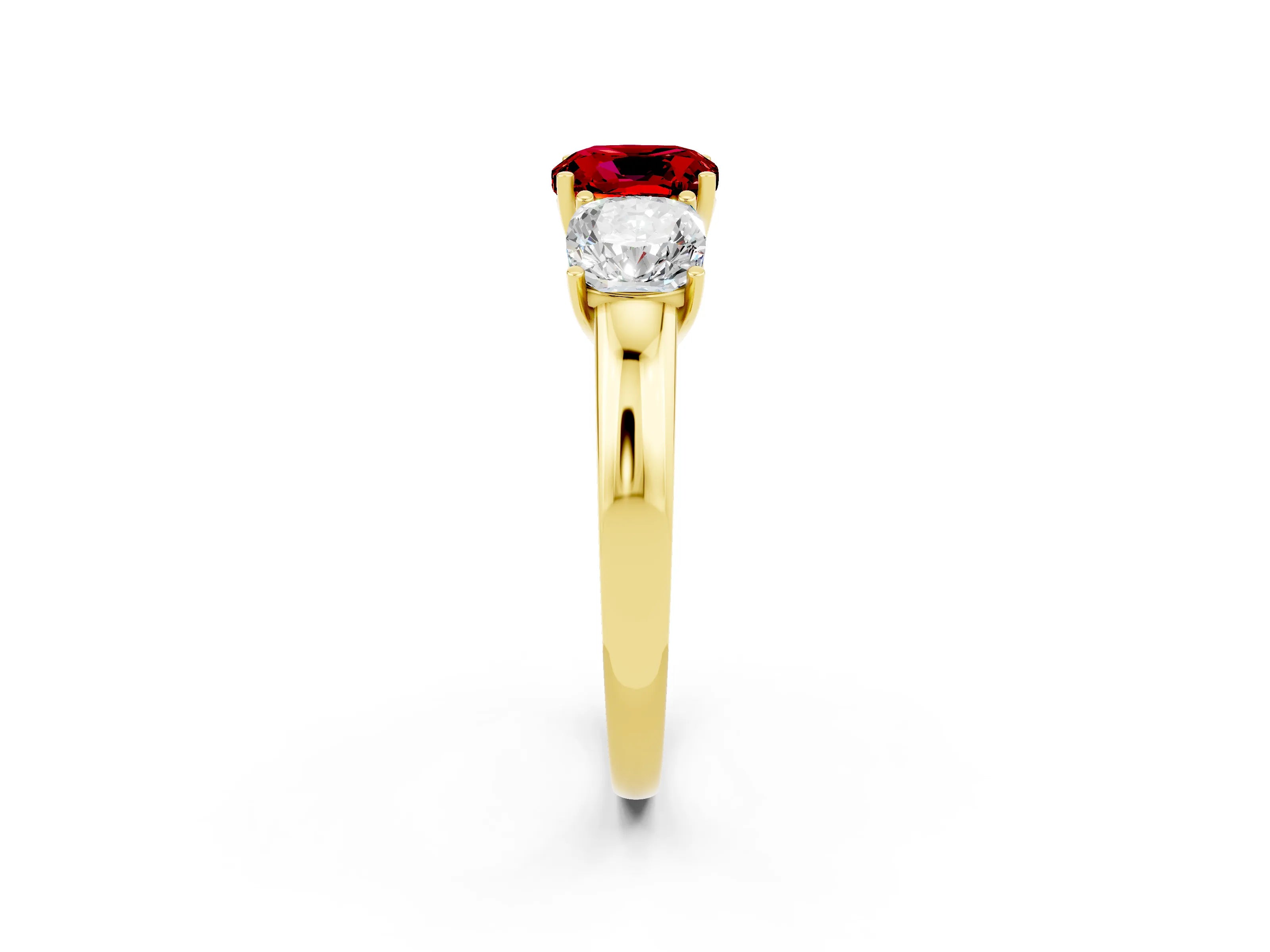 Yellow gold Cushion Cut Ruby Three-Stone Ring with Four-Prong Setting and Classic Band_2