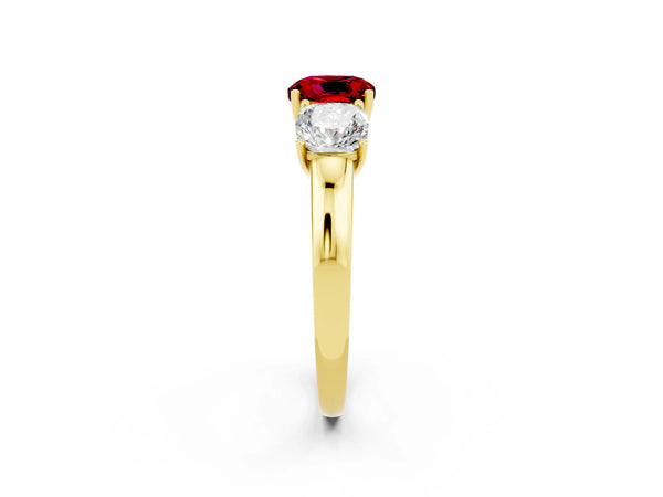 Yellow gold Cushion Cut Ruby Three-Stone Ring with Four-Prong Setting and Classic Band