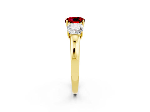 Yellow gold Cushion Cut Ruby Three-Stone Ring with Four-Prong Setting and Classic Band_2