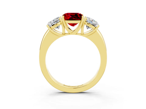 Yellow gold Cushion Cut Ruby Three-Stone Ring with Four-Prong Setting and Classic Band_3
