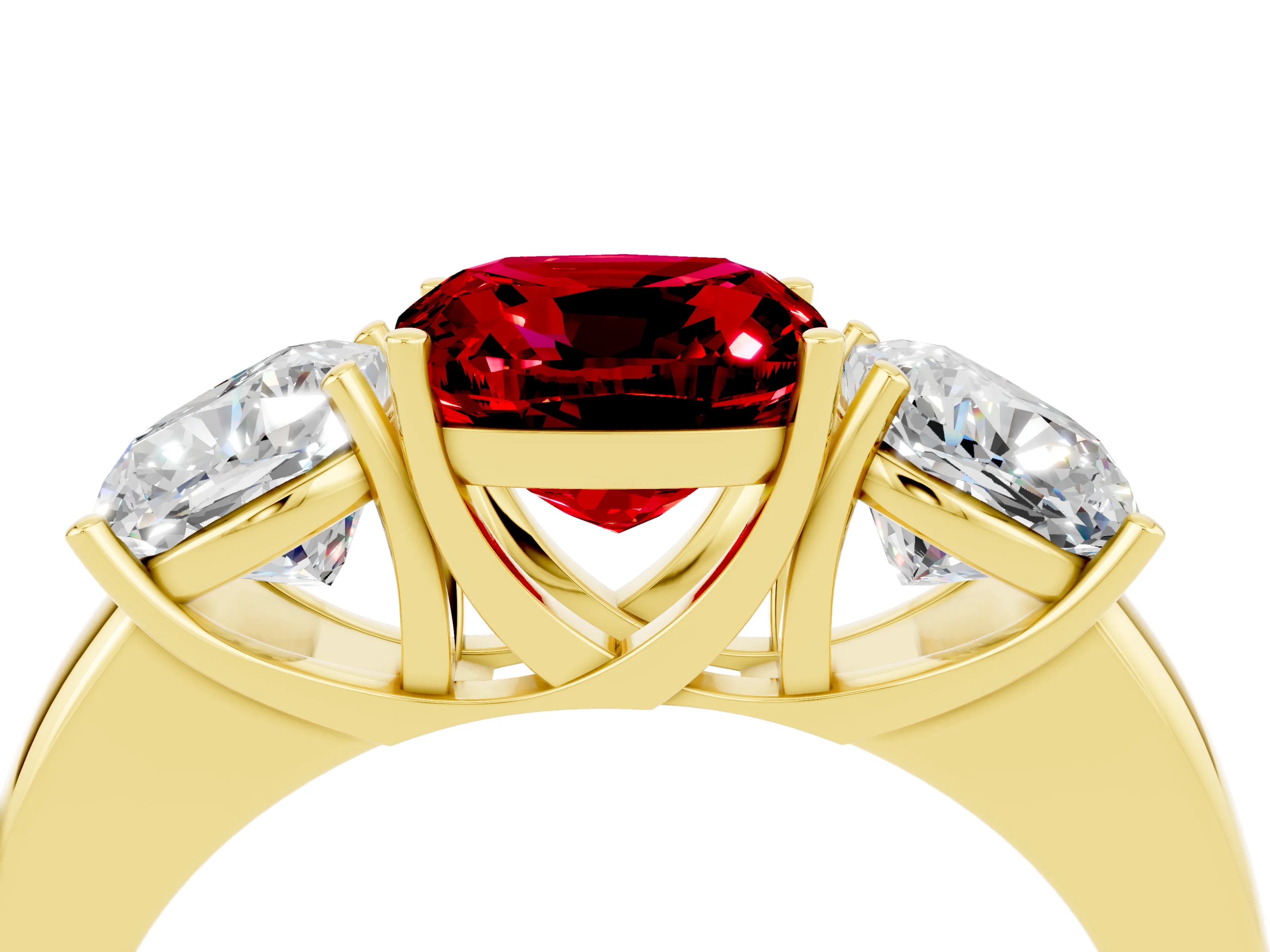 Yellow gold Cushion Cut Ruby Three-Stone Ring with Four-Prong Setting and Classic Band_4