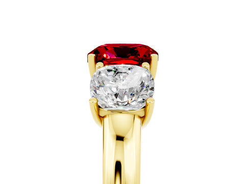 Yellow gold Cushion Cut Ruby Three-Stone Ring with Four-Prong Setting and Classic Band_5