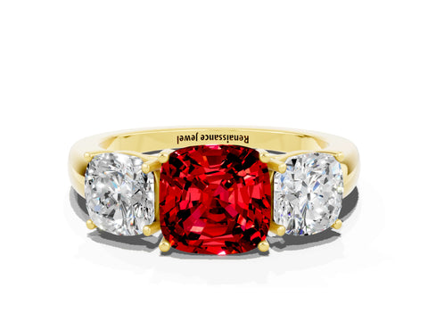 Yellow gold Cushion Cut Ruby Three-Stone Ring with Four-Prong Setting and Classic Band